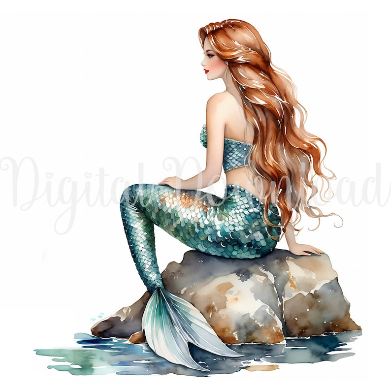 10 Watercolor Mermaid Clipart, Printable Watercolor clipart, High Quality JPGs, Digital download, Paper craft, junk journal, JPGs image 8