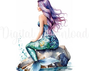 10 Watercolor Mermaid Clipart, Printable Watercolor clipart, High Quality JPGs, Digital download, Paper craft, junk journal, JPGs