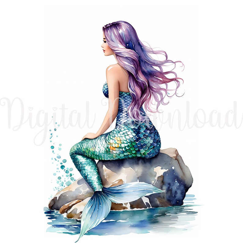May include: A watercolor painting of a mermaid with long purple hair sitting on a rock. Her tail is a vibrant blue and green with scales. The water is a light blue and there are bubbles around her.
