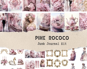 May include: Pink Rococo Junk Journal Kit with images of a pink castle, a gondola, a woman in a pink dress, a tea set, and ornate frames.