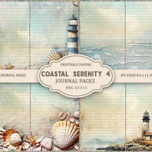 Peut inclure: Pages de journal imprimables sur le thème côtier avec une esthétique vintage. Le design présente un phare, des coquillages et une texture de papier vieilli. Le texte indique "Coastal Serenity 4 Journal Pages" et "Junk Journal Pages". Les pages mesurent 21,6 x 27,9 cm.