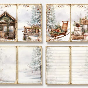 May include: Four printable pages with wintery scenes. The first page features a small wooden cabin with a wreath on the door. The second page shows a wooden bench with a birdhouse and a potted plant. The third page has a sleigh with a red and green floral arrangement. The fourth page has a stack of wrapped gifts with a pine cone and a wooden sled.