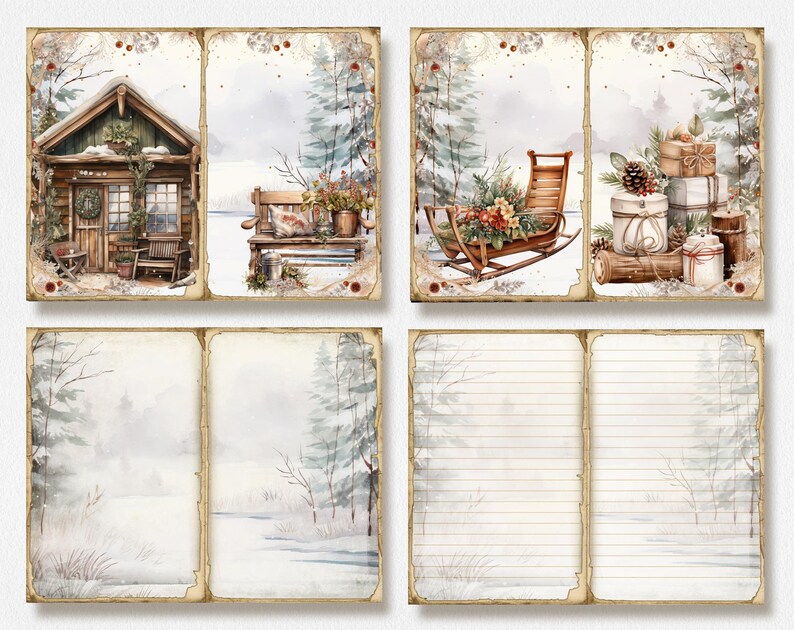 May include: Four printable pages with wintery scenes. The first page features a small wooden cabin with a wreath on the door. The second page shows a wooden bench with a birdhouse and a potted plant. The third page has a sleigh with a red and green floral arrangement. The fourth page has a stack of wrapped gifts with a pine cone and a wooden sled.