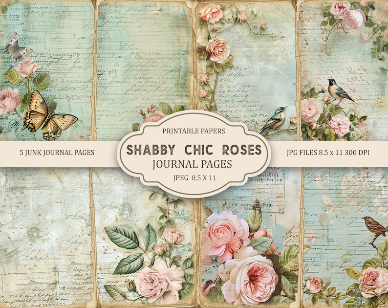Op de afbeelding: Vijf afdrukbare journalpagina's met een shabby chic ontwerp met roze rozen, vlinders, vogels en handschrift. De pagina's zijn 8,5 inch bij 11 inch en 300 DPI.
