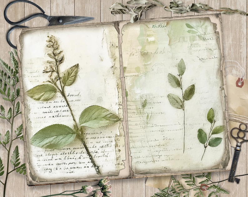 May include: An open vintage journal with pressed green leaves and handwritten text on the pages. The journal has a distressed, aged look and is perfect for scrapbooking or journaling.