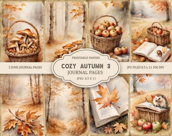 Op de afbeelding: Vijf afdrukbare journalpagina's met een herfstthema. De pagina's bevatten afbeeldingen van paddenstoelen, appels, boeken en een egel. De pagina's zijn 8,5 inch bij 11 inch en 300 DPI.