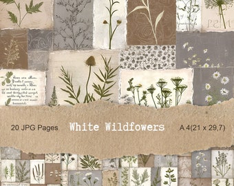Wild Field Flowers Printable Paper Pack, junk journal background, Scrapbooking paper for junk journals, Pages, collage sheets, 20 JPC (A-4)