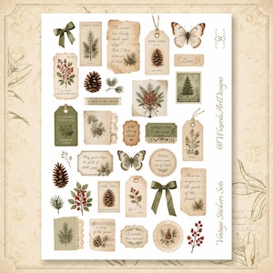 May include: A collection of vintage-style stickers featuring botanical illustrations of pine cones, evergreen branches, and red berries, alongside butterflies, green ribbons, and aged paper tags with handwritten-style text and quotes.