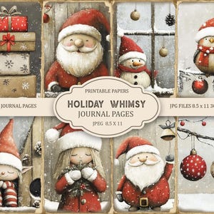 May include: A set of eight printable digital papers featuring a whimsical winter holiday theme. The papers include images of Santa Claus, elves, snowmen, birds, and ornaments. The papers are perfect for scrapbooking, card making, and other paper crafts.