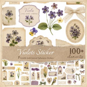 May include: A collection of printable junk journal ephemera stickers featuring over 100 elements. The set includes illustrations of purple and yellow violets, vintage-style labels with the text Viola, lace bows, butterflies, and decorative paper scraps.