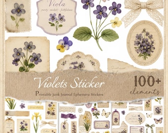 Violets Stickers for Junk Journals, Printable Fussy Cuts, Digital Ephemera, Scrapbook,  JPG