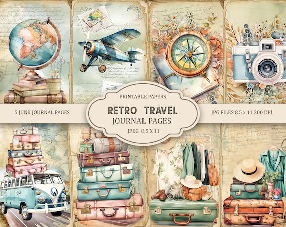 Retro Travel Junk Journal Pages, Spring Ephemera, Scrapbook printable, Printable Paper, Digital Collage, Spring Pages, Digital Collage