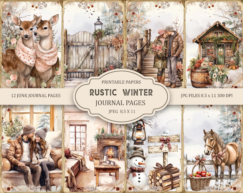 May include: Twelve printable journal pages featuring a rustic winter theme. The pages include images of a couple in a snowy cabin, a snowman, a horse, a deer, and a wooden gate. The pages are 8.5 inches by 11 inches and 300 DPI.