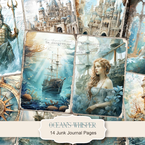 Kit de journal indésirable Ocean's murmur, papier numérique sirène pour scrapbooking, papier numérique mer, pages de journal marin, page sous-marine JPG