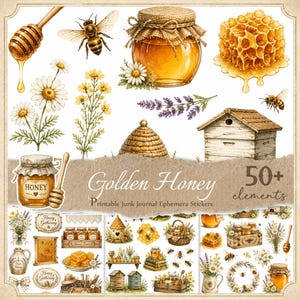 May include: A collection of digital illustrations featuring honey-themed elements including a honey dipper, bees, a glass jar of honey, honeycomb, daisies, lavender, a beehive, and a wooden hive, with text reading Golden Honey Printable Junk Journal Ephemera Stickers.