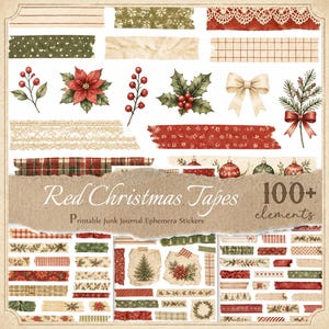 Op de afbeelding: Een verzameling printbare junk journal ephemera stickers met rode kersttapes en vakantiemotieven. De set bevat diverse washi tape stroken, kerststerren, hulstbessen, strikken en ornamenten met de tekst Red Christmas Tapes 100+ elements.