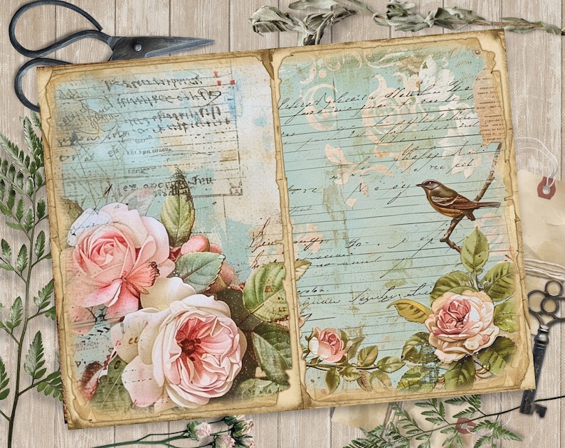 Op de afbeelding: Een vintage-stijl dagboek met een blauwe en witte achtergrond. Het dagboek heeft handschrift en een vogel illustratie. De voorkant heeft een bloemmotief met roze rozen en groene bladeren.