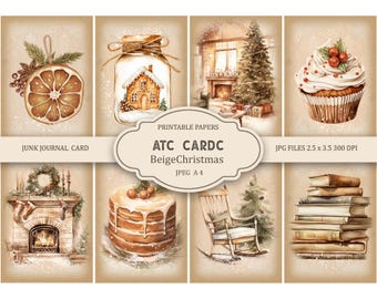 Beige ChristmasATC ATC Cards, Shabby Chic Ephemera (Digital Download)