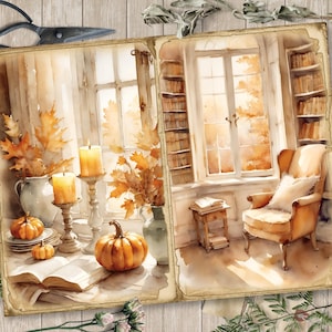 May include: A watercolor painting of a cozy living room with a large window, a comfortable armchair, and a bookshelf filled with books. The room is decorated with fall leaves and pumpkins, creating a warm and inviting atmosphere.