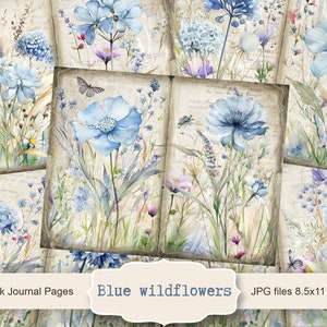 Fleurs sauvages bleues 1 kit de journal, 5 pages de journal numérique indésirable, kit de journal indésirable fleurs, feuille de collage papier journal indésirable, téléchargement immédiat
