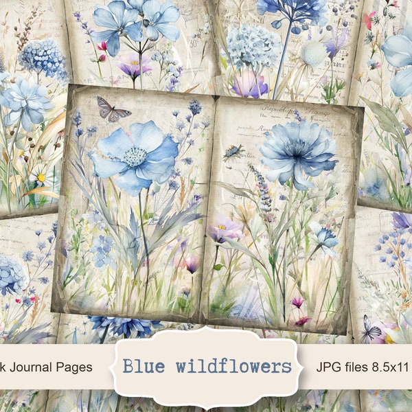 Blue wildflowers 1 Journal Kit, 5 Digital Junk Journal Pages, Flowers Junk Journal Kit, Junk Journal Paper Collage Sheet, Instant Download