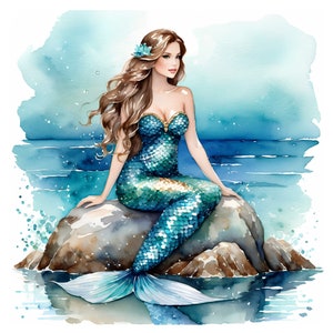 May include: Watercolor painting of a mermaid with long brown hair and a blue and green tail sitting on a rock. The mermaid is wearing a blue and green seashell bra and has a blue flower in her hair.