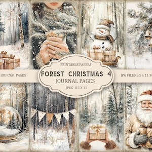 Op de afbeelding: Een collage van winterse journaalpagina's. De afbeeldingen bevatten een sneeuwpop, de kerstman, ingepakte cadeaus en besneeuwde bosscènes. De tekst luidt "FOREST CHRISTMAS 4 JOURNAL PAGES". De pagina's zijn 21,6 x 27,9 cm groot.