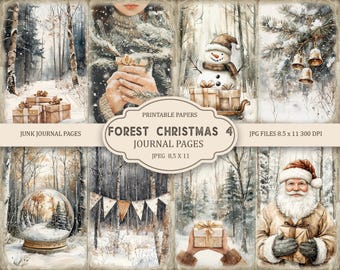 May include: A collage of winter-themed journal pages. The images include a snowman, Santa Claus, wrapped gifts, and snowy forest scenes. The text reads "FOREST CHRISTMAS 4 JOURNAL PAGES" and "JUNK JOURNAL PAGES". The pages are 8.5 x 11 inches.