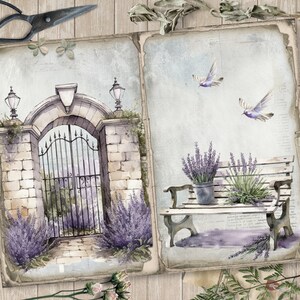 May include: Watercolor illustration of a garden scene with a stone archway and gate, lavender bushes, and a bench. The artwork features a vintage aesthetic with soft colors and details, including birds and a key.
