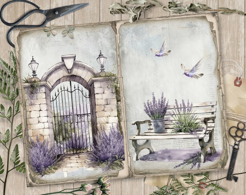 May include: Watercolor illustration of a garden scene with a stone archway and gate, lavender bushes, and a bench. The artwork features a vintage aesthetic with soft colors and details, including birds and a key.
