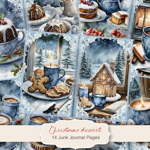 Invierno azul, Kit de diario basura de postres navideños, Páginas de diario basura de Feliz Navidad, Papel imprimible del diario basura de escena de Santa, Digital