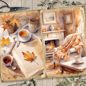 May include: A watercolor painting of a cozy autumn scene with a fireplace, a comfy armchair, a book, and a cup of tea. The painting features warm colors and a sense of peace and tranquility.