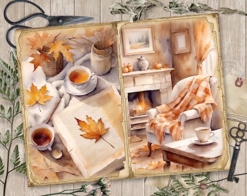 May include: A watercolor painting of a cozy autumn scene with a fireplace, a comfy armchair, a book, and a cup of tea. The painting features warm colors and a sense of peace and tranquility.