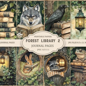 Puede incluir: Collage digital con criaturas del bosque leyendo libros, incluyendo un lobo, un cuervo, un conejo y un mapache. La imagen incluye el texto "FOREST LIBRARY 2 JOURNAL PAGES" y "JUNK JOURNAL PAGES". La obra de arte tiene una estética de libro de cuentos vintage.