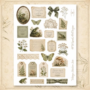 May include: A sticker sheet featuring vintage-style illustrations of frogs, butterflies, mushrooms, ferns, and wildflowers. Includes decorative tags, lace trim, ribbons, and text snippets like A quiet place and a gentle heart and Let nature sing.
