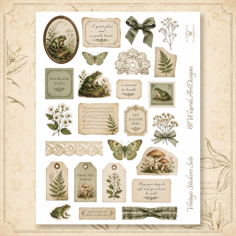 May include: A sticker sheet featuring vintage-style illustrations of frogs, butterflies, mushrooms, ferns, and wildflowers. Includes decorative tags, lace trim, ribbons, and text snippets like A quiet place and a gentle heart and Let nature sing.