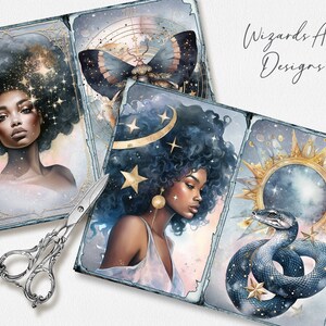 May include: Three watercolor paintings with a celestial theme. The first painting features a woman with dark skin and curly hair, surrounded by stars. The second painting features a butterfly with gold accents. The third painting features a snake wrapped around a celestial orb.