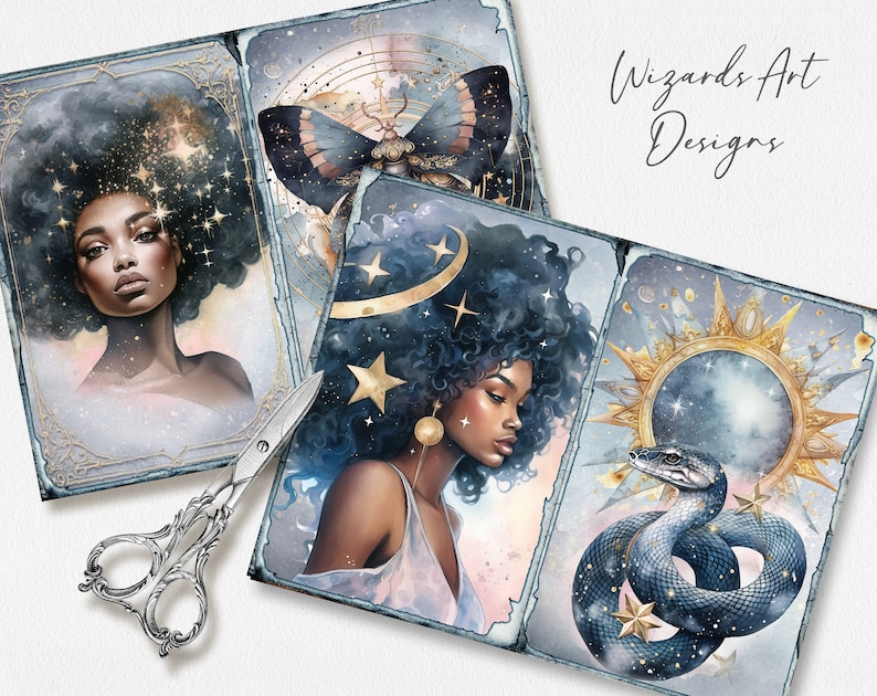 May include: Three watercolor paintings with a celestial theme. The first painting features a woman with dark skin and curly hair, surrounded by stars. The second painting features a butterfly with gold accents. The third painting features a snake wrapped around a celestial orb.