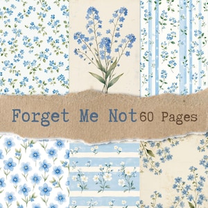 May include: A collage of floral patterns and illustrations featuring blue forget-me-nots. The designs include a variety of styles, such as striped backgrounds and detailed botanical drawings. The text "Forget Me Not 60 Pages" is visible.