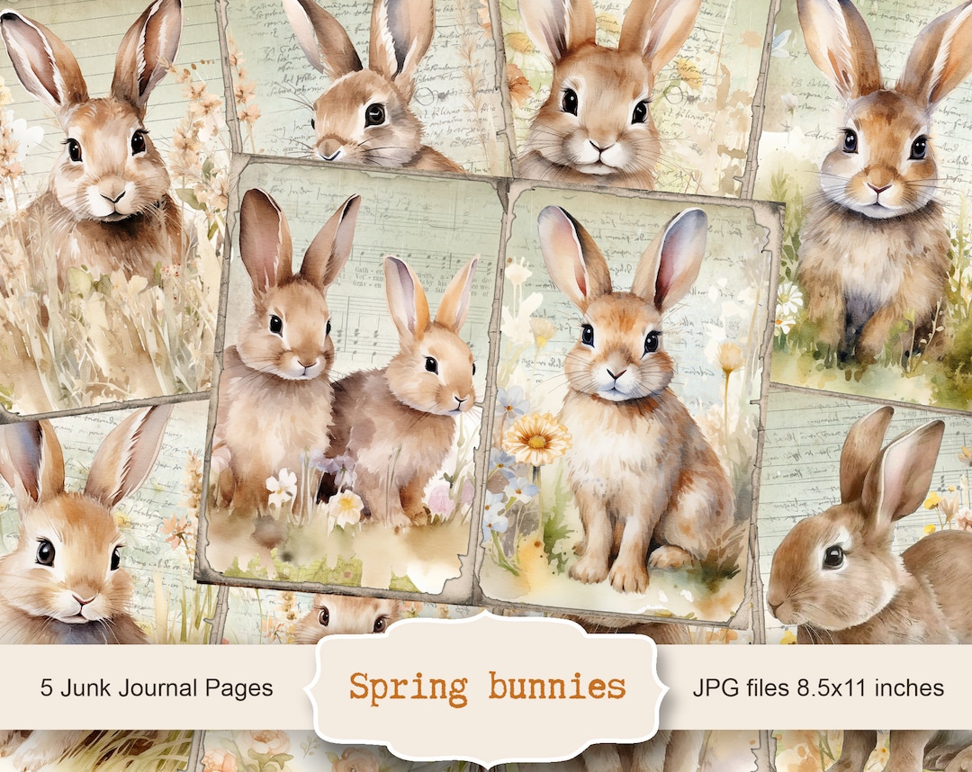 Spring Bunnies 5 Junk Journal Digital Pages, Easter Paper Scrapbooking ...