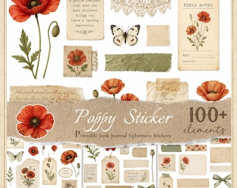 Poppy Stickers for Junk Journals, Printable Fussy Cuts, Digital Ephemera, Scrapbook,  JPG