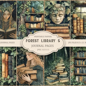 May include: A collage of digital art featuring a forest library theme. The images include a woman reading, stacks of books, and bookshelves. The text reads "Junk Journal Pages" and "Forest Library 5 Journal Pages" with dimensions of 8.5 x 11 inches.