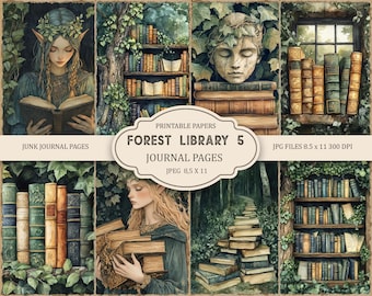 May include: A collage of digital art featuring a forest library theme. The images include a woman reading, stacks of books, and bookshelves. The text reads "Junk Journal Pages" and "Forest Library 5 Journal Pages" with dimensions of 8.5 x 11 inches.