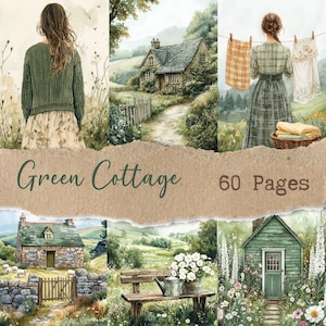 May include: Watercolor illustrations featuring a green cottage theme. The images depict cottage scenes, including a person in a green sweater, a stone cottage, and a cottage garden. Text reads "Green Cottage 60 Pages."