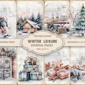 Puede incluir: Un conjunto de seis páginas de diario digital imprimibles con escenas de invierno. Las páginas incluyen un esquiador, una cabaña en el bosque, un árbol de invierno, una puerta con una corona, una pila de regalos y una escena de picnic de invierno. Las páginas están diseñadas para el diario de chatarra y son perfectas para agregar un toque de magia invernal a tus proyectos.