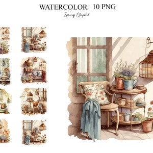 Frühling Clipart, Garten Clipart, Haus, Bäume, Blumen, Cottagecore, Scrapbooking, Digitales Papier Basteln, Digitaler Planer,