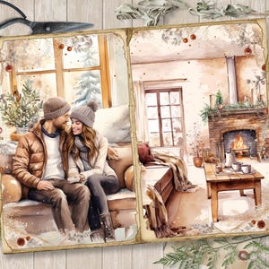May include: A watercolor painting of a couple sitting on a couch in a cozy living room. The room has a fireplace with a fire burning, a window with snow outside, and a coffee table with mugs and a teapot. The couple is wearing winter clothes and holding mugs.