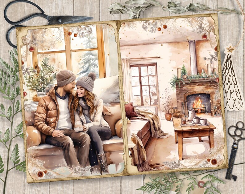 May include: A watercolor painting of a couple sitting on a couch in a cozy living room. The room has a fireplace with a fire burning, a window with snow outside, and a coffee table with mugs and a teapot. The couple is wearing winter clothes and holding mugs.