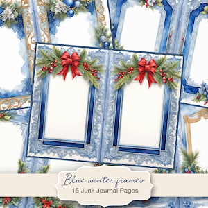 Blaue winter Rahmen Junk Journal Kit, Frohe Weihnachten Junk Journal Seiten, Weihnachtsmann Szene Junk Journal druckbares Papier, Digital Collage Sheet
