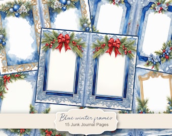 Blue winter frames Junk Journal Kit, Merry Christmas Junk Journal Pages, Santa Scene Junk Journal Printable Paper, Digital Collage Sheet